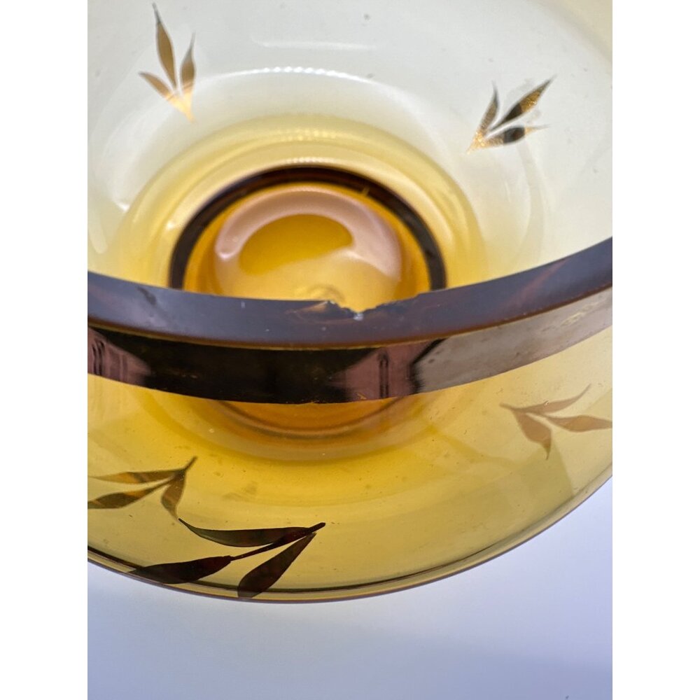 Vintage Roumania Amber Color Glass Jar Candy Dish Gold Trim Leaf Design European - Picture 11 of 11